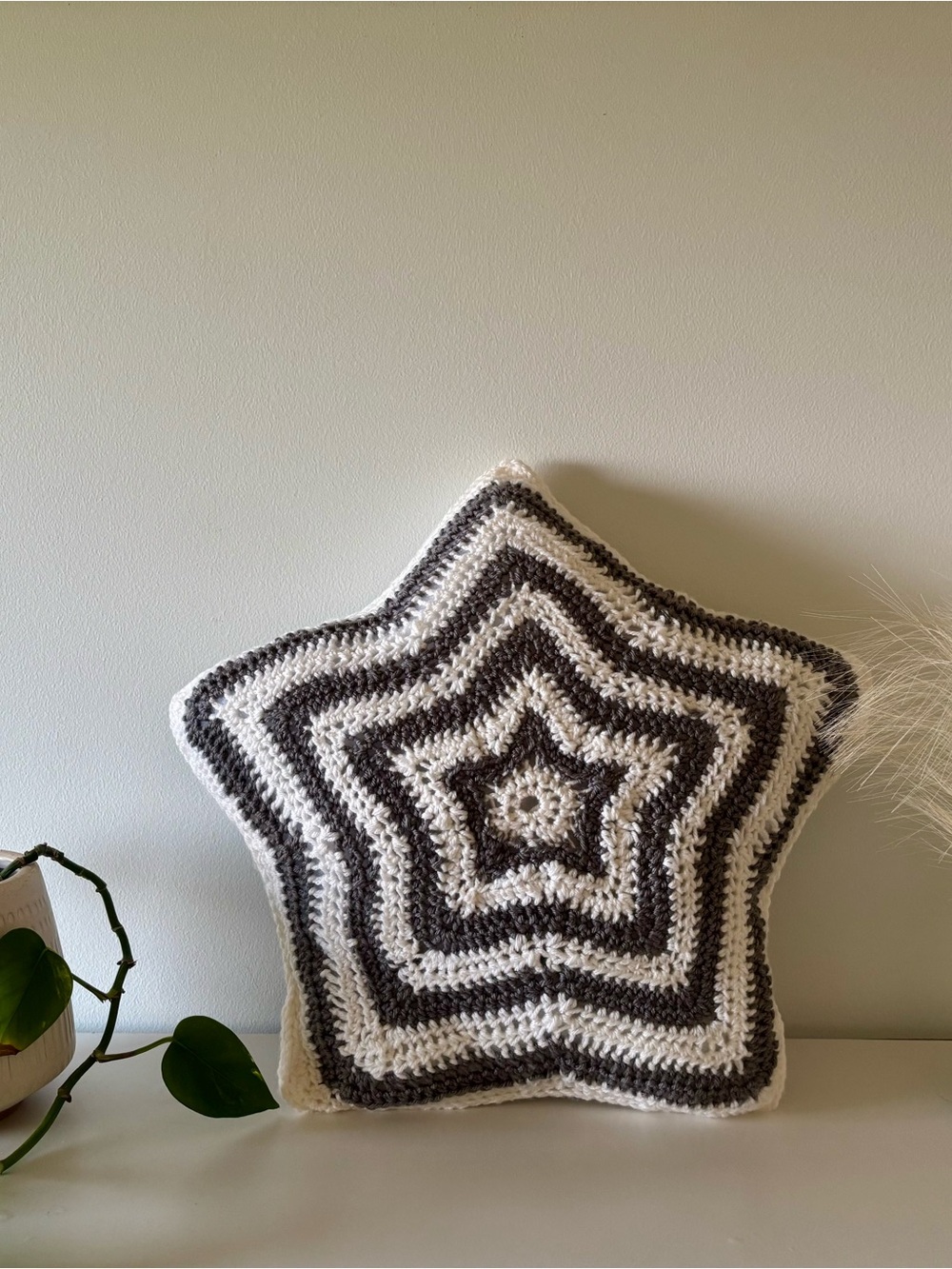 Handmade Star Crochet Pillow in White and Charcoal